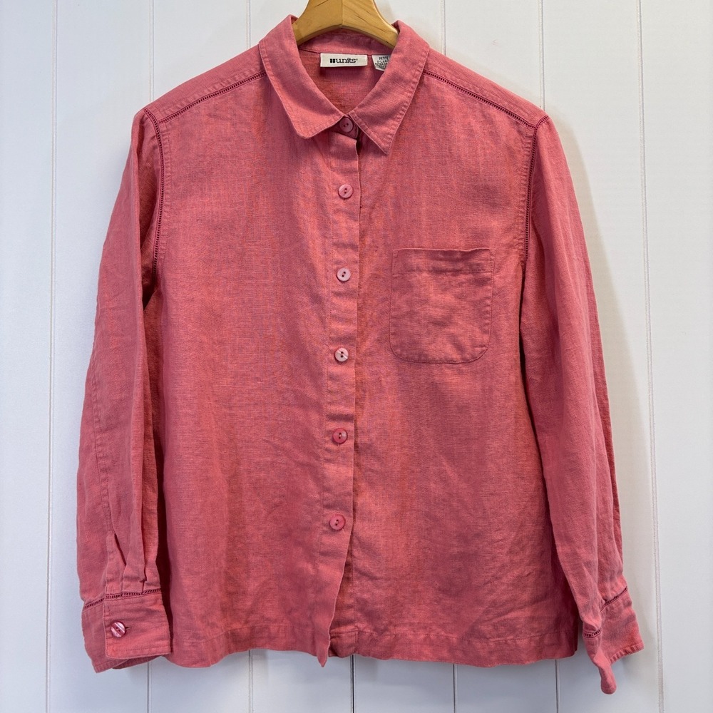 Vintage Units Lagenlook Linen Button Up Shirt Women Size XL Petite Coastal Chic